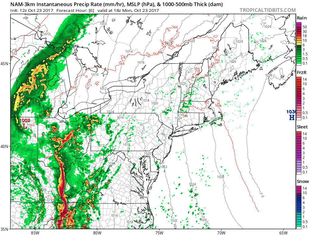 12Z high-resolution (3-km) NAM forecast of precipitation rates from this afternoon into tomorrow evening in 1-hour increments with a line of showers/storms sweeping into the I-95 corridor. Courtesy tropicaltidbits.com, NOAA/EMC