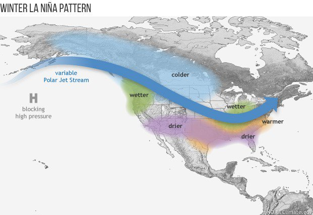 Typical La Nina winters result in colder-than-normal conditions across the Upper Midwest and Northern Plains and warmer-than-normal weather across much of the southern US; map courtesy NOAA