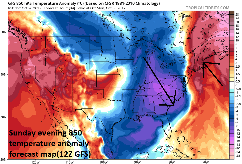 12Z GFS forecast map of 850 mb temperature anomalies on Sunday evening with cold air pouring in on the west side of the coastal storm and warm, tropical air its east side; courtesy tropicaltidbits.com, NOAA/EMC