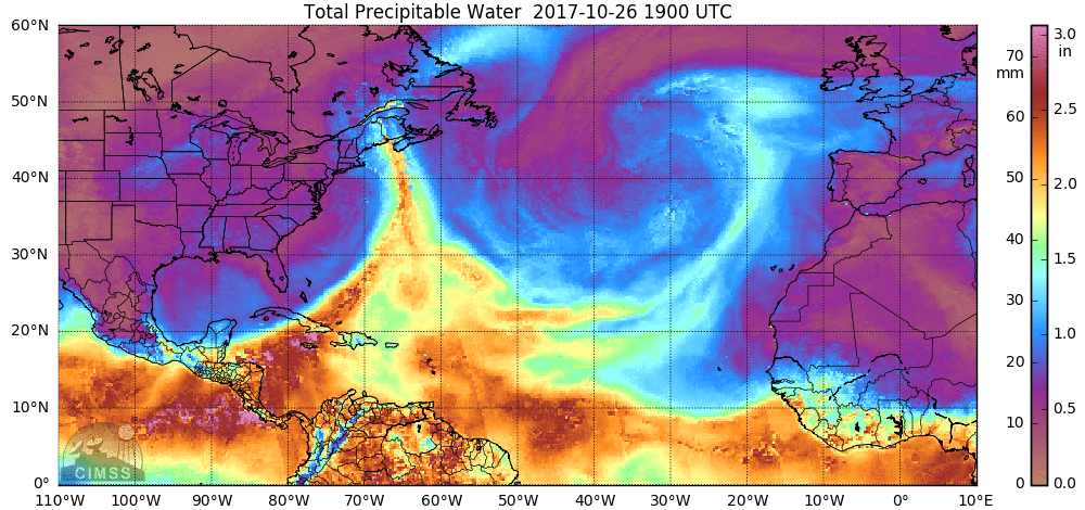 Loop of total precipitable water with lots of moisture (red, yellow) over the Caribbean Sea. This batch of moisture will soon push northward and some of it will get entrained in an intensifying coastal storm; image loop courtesy University of Wisconsin/CIMSS
