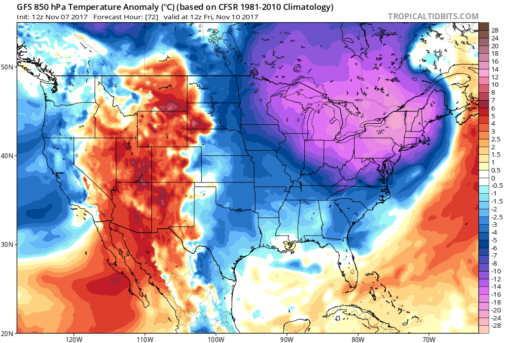 12Z GFS forecast map of 850 mb temperature anomalies on Friday morning as Arctic blast charges into the Northeast US; courtesy tropicaltidbits.com, NOAA/EMC
