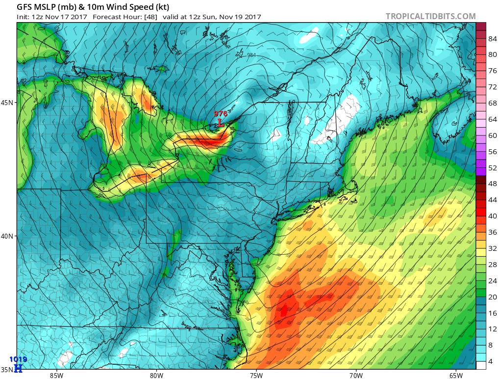12Z GFS forecast map of lower atmosphere wind gusts on Sunday morning with the highest gusts concentrated over the Great Lakes and western Atlantic; courtesy tropicaltidbits.com, NOAA/EMC
