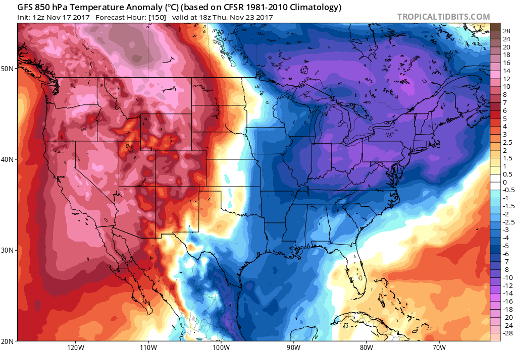 12Z GFS forecast map of 850 mb temperatures anomalies for Thanksgiving Day (early afternoon)...colder-than-normal in the eastern US; courtesy tropicaltidbits.com, NOAA/EMC