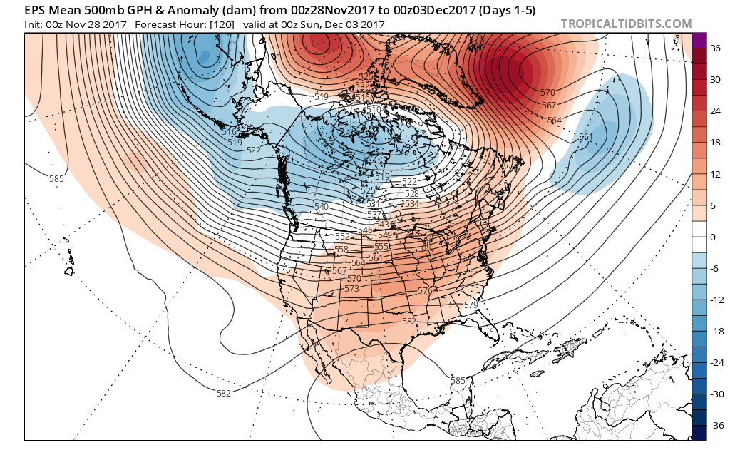 The 500 mb height anomaly forecast map from the 00Z Euro Ensemble (EPS) averaged over the next 5 days (i.e., days 1-5) featuring higher-than-normal heights (orange) throughout much of the US along with a rather benign zonal (west-to-east) flow of air. Map courtesy "tropicaltidbits.com".