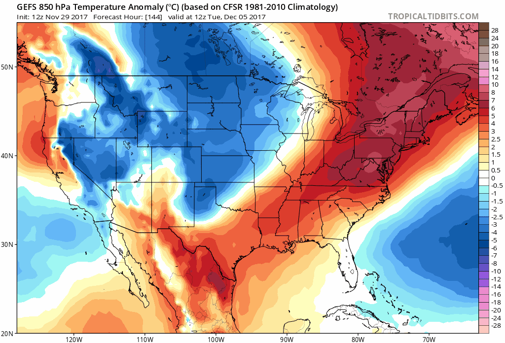 12Z GFS Ensemble (GEFS) forecast maps of 850 mb temperature anomalies in 6-hour increments from next Tuesday, December 5th, until Friday, December 15th; maps courtesy tropicaltidbits.com, NOAA/EMC