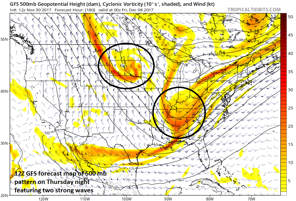 12Z operational GFS forecast map at 500 mb showing a complex pattern with two strong waves of energy that could result in some snow for the Mid-Atlantic region at the end of next week; courtesy tropicaltidbits, NOAA/EMC