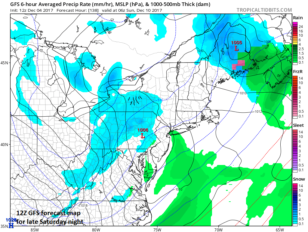 12Z GFS forecast map for late Saturday night with snow showers in parts of the Mid-Atlantic region (in blue); map courtesy tropicaltidbits.com, NOAA/EMC