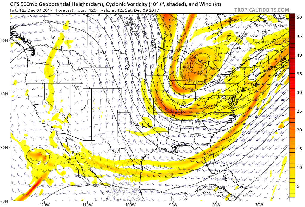 12Z operational GFS forecast map of 500 mb pattern as of Saturday, December 9th featuring strong energy dropping southeastward across the Great Lakes; map courtesy tropicaltidbits.com, NOAA/EMC 