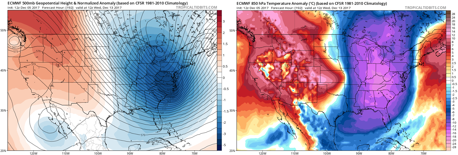 12Z Euro forecast maps of 500 mb height anomalies (left) and 850 mb temperature anomalies (right) for next Wednesday, December 13th; maps courtesy tropicaltidbits.com