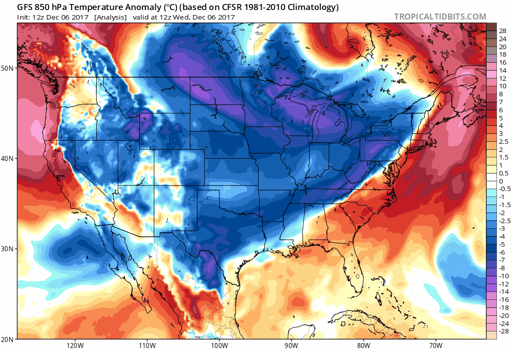 This is the look of sustained cold from the 12Z operational GFS i.e., cold air mass after cold air mass for an extended period of time; maps courtesy tropicaltidbits.com, NOAA/EMC