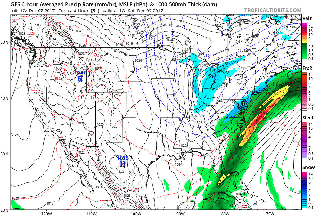 12Z GFS forecast map for early Saturday afternoon with snow (in blue) in the I-95 corridor; map courtesy NOAA/EMC, tropicaltidbits.com