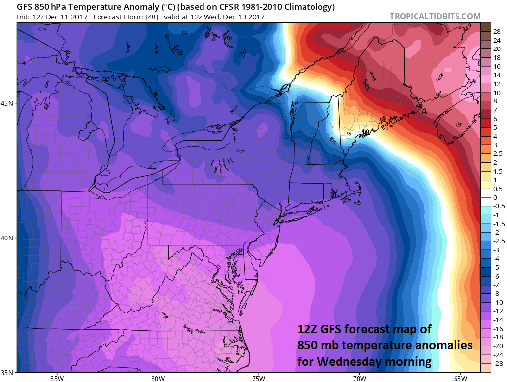 Very cold air heads into the Mid-Atlantic region by mid-week and the cold will be accompanied by very strong NW winds (i.e., much lower wind chills); map courtesy NOAA/EMC, tropicaltidbits.com