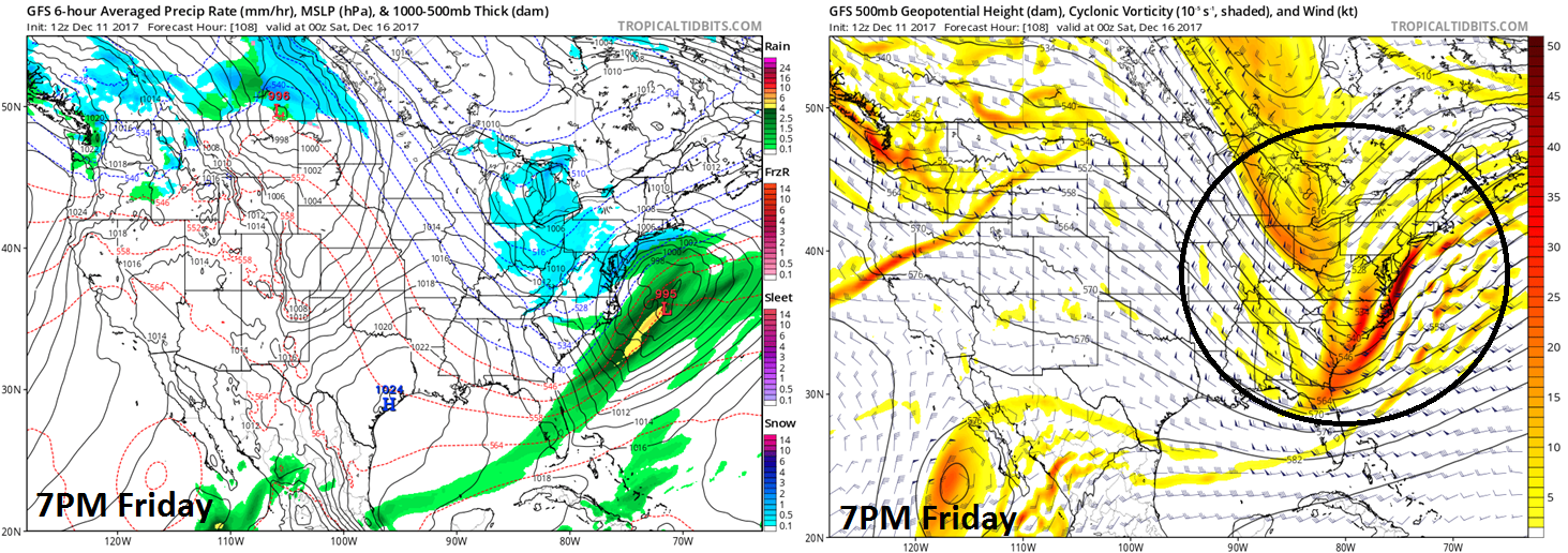 12Z GFS surface forecast map (left) and 500 mb forecast map (right) for Friday evening; map courtesy NOAA/EMC, tropicaltidbits.com