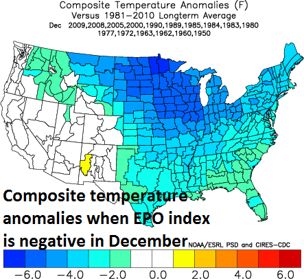 Temperature anomaly composite map for negative EPO in December