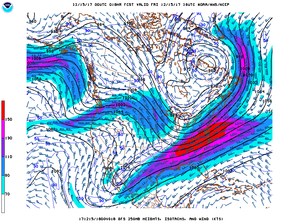 00Z GFS forecast map of 250 mb winds at 1 PM this afternoon featuring a powerful jet streak in the Mid-Atlantic (shown in red); courtesy NOAA/EMC