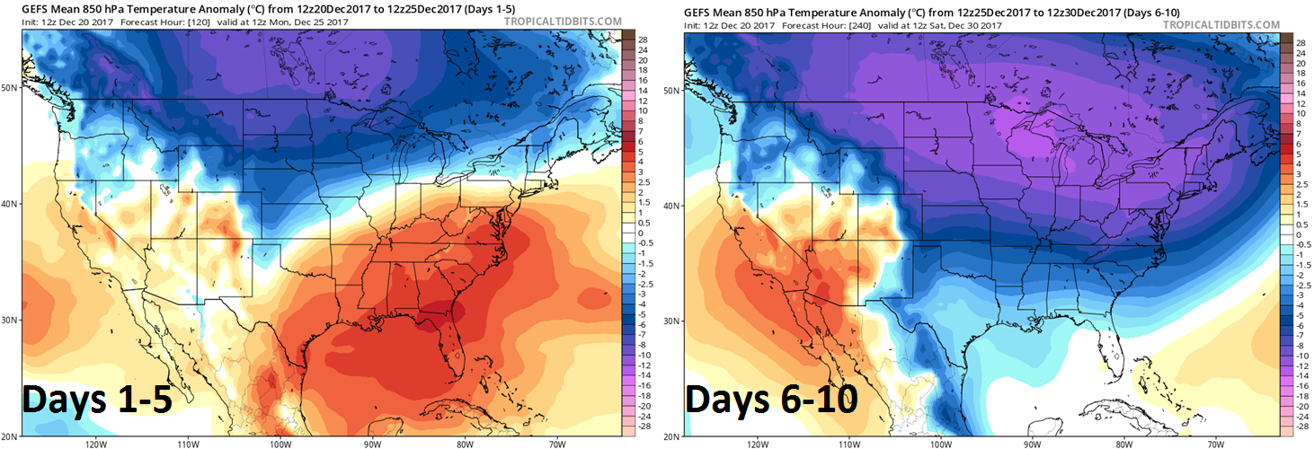 12Z GEFS forecast map of 850 mb temperature anomalies averaged over 5-day periods (days 1-5 left; days 6-10 right) with a big change to colder-than-normal in the Mid-Atlantic region; maps courtesy tropicaltidbits.com, NOAA/EMC