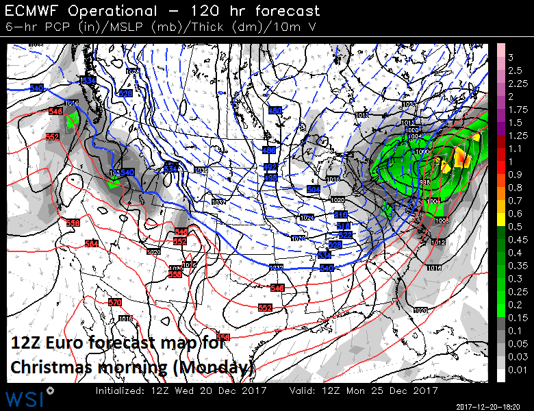 Low pressure along the Northeast US coastline as of Monday morning according to the 12Z Euro; map courtesy WSI