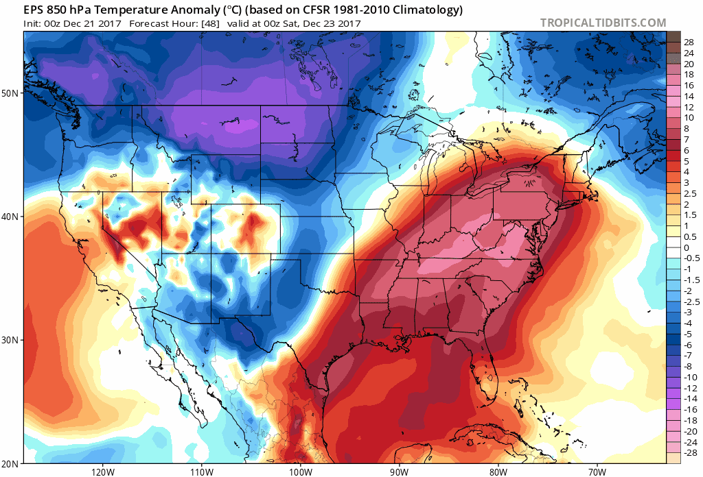 00Z EPS forecast maps of 850 mb temperature anomalies over an 8-day period in 24-hour increments from Friday night (12/22) to Saturday night (12/30) with widespread cold spreading across much of the nation. Courtesy tropicaltidbits.com