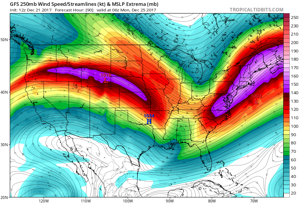 12Z GFS forecast map of upper-level (250 mb) winds as of late Sunday night featuring a strong jet-streak in the Mid-Atlantic/Northeast US. This jet streak will help induce the formation of strong low pressure near the Mid-Atlantic coastline late Sunday. Map courtesy NOAA/EMC, tropicaltidbits.com