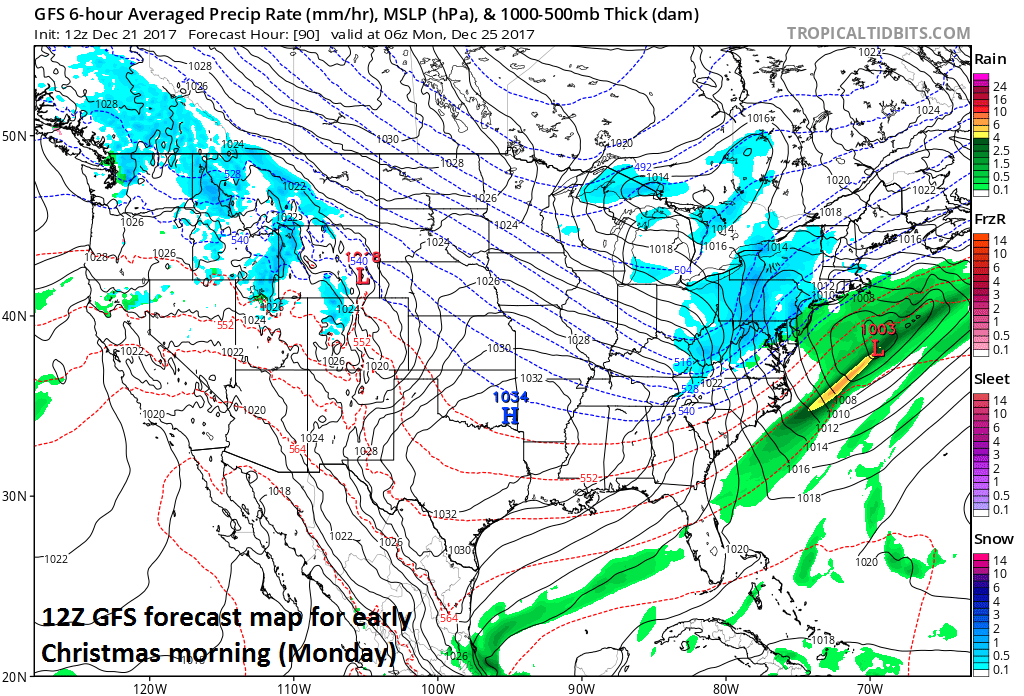 12Z GFS forecast map of surface conditions for early Christmas morning (Monday) with low pressure off the Mid-Atlantic coastline and snow (in blue) in much of the Mid-Atlantic/Northeast US.