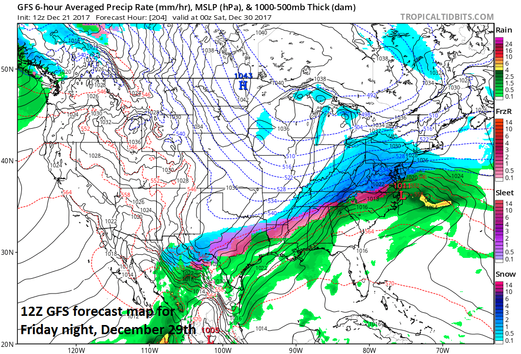 12Z GFS forecast map of surface conditions for Friday night, December 29th with low pressure near the Mid-Atlantic coastline and snow (in blue) in much of the Mid-Atlantic/Northeast US.