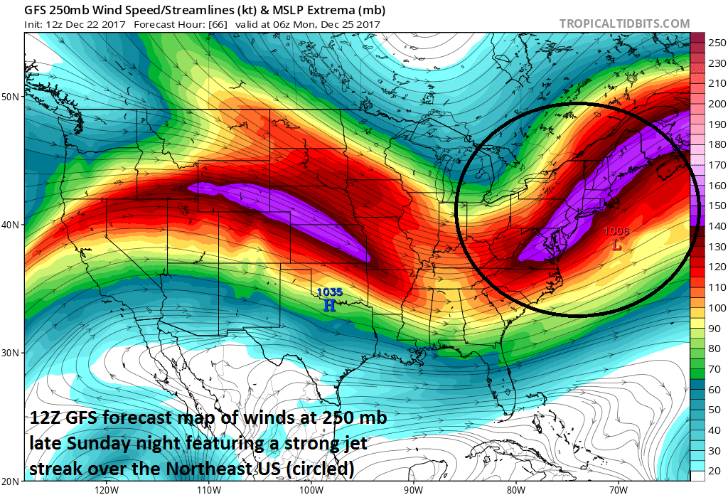 12Z GFS forecast map of an impressive upper-level (250 mb) jet streak late Sunday night which should help generate low pressure off the Mid-Atlantic coastline; map courtesy NOAA/EMC, tropicaltidbits.com