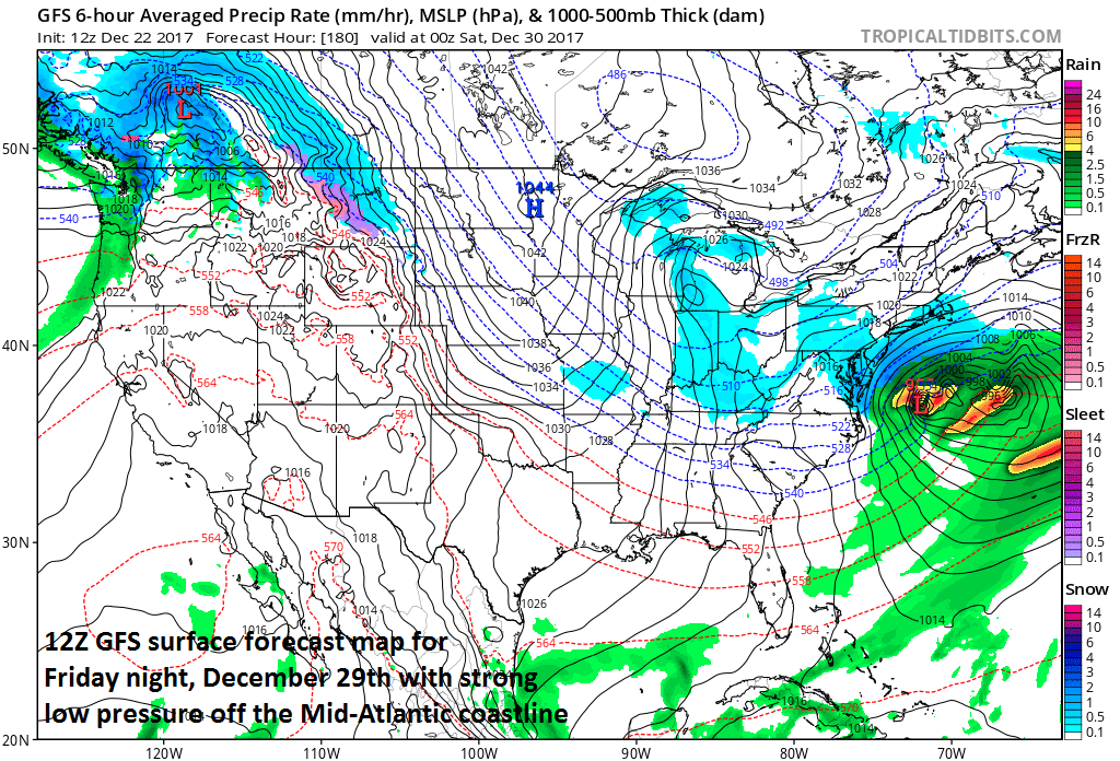 12Z GFS surface forecast map for late Friday night, December 29th with strong low pressure off the Mid-Atlantic coastline and expansive high pressure extending from the Northern Plains to southeastern Canada; map courtesy NOAA/EMC, tropicaltidbits.com