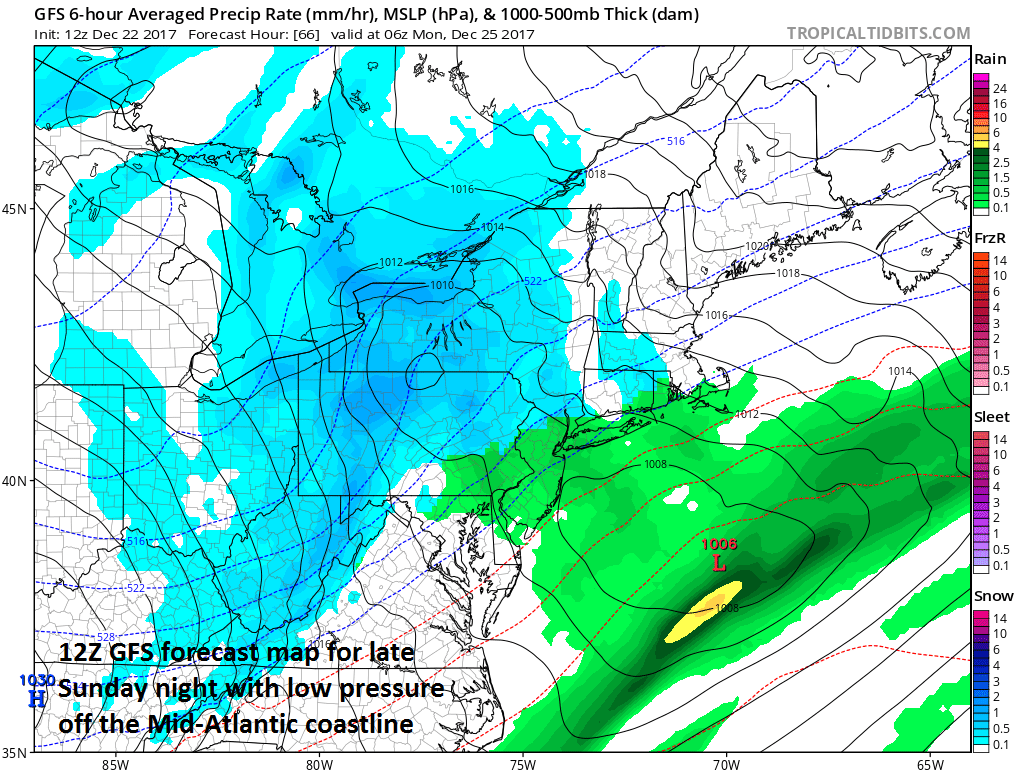 12Z GFS surface forecast map for late Sunday night with low pressure off the Mid-Atlantic coastline; map courtesy NOAA/EMC, tropicaltidbits.com