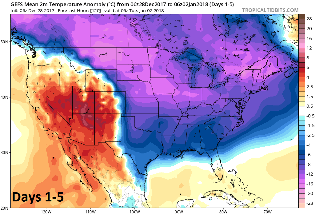 2-meter temperature anomalies averaged over 5-day period (days 1-5); courtesy NOAA/EMC, tropicaltidbits.com