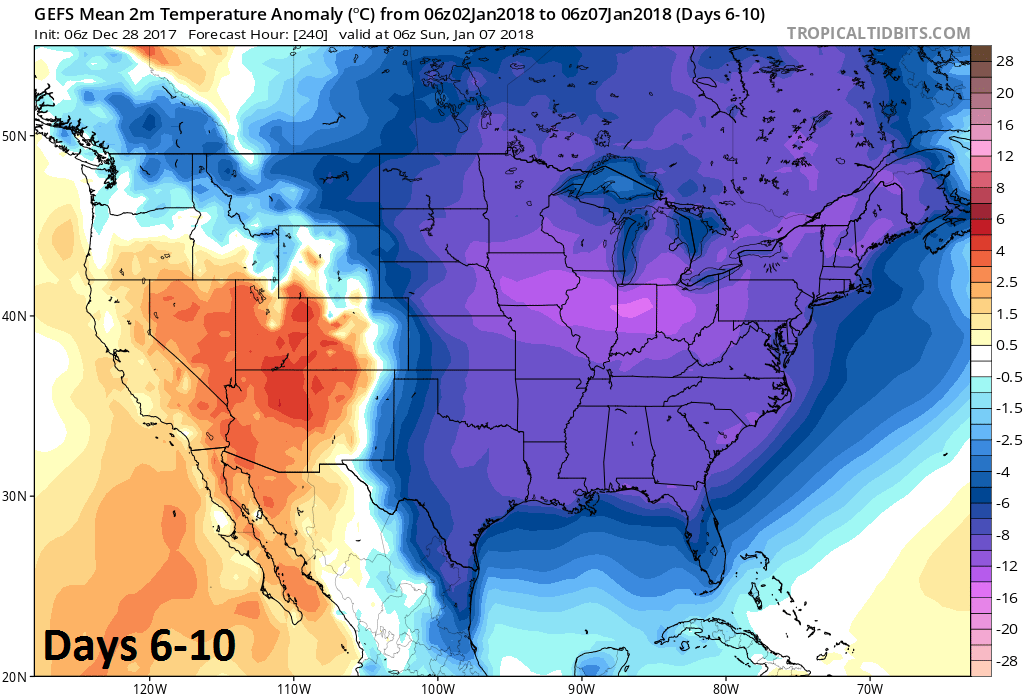 2-meter temperature anomalies averaged over 5-day period (days 6-10); courtesy NOAA/EMC, tropicaltidbits.com