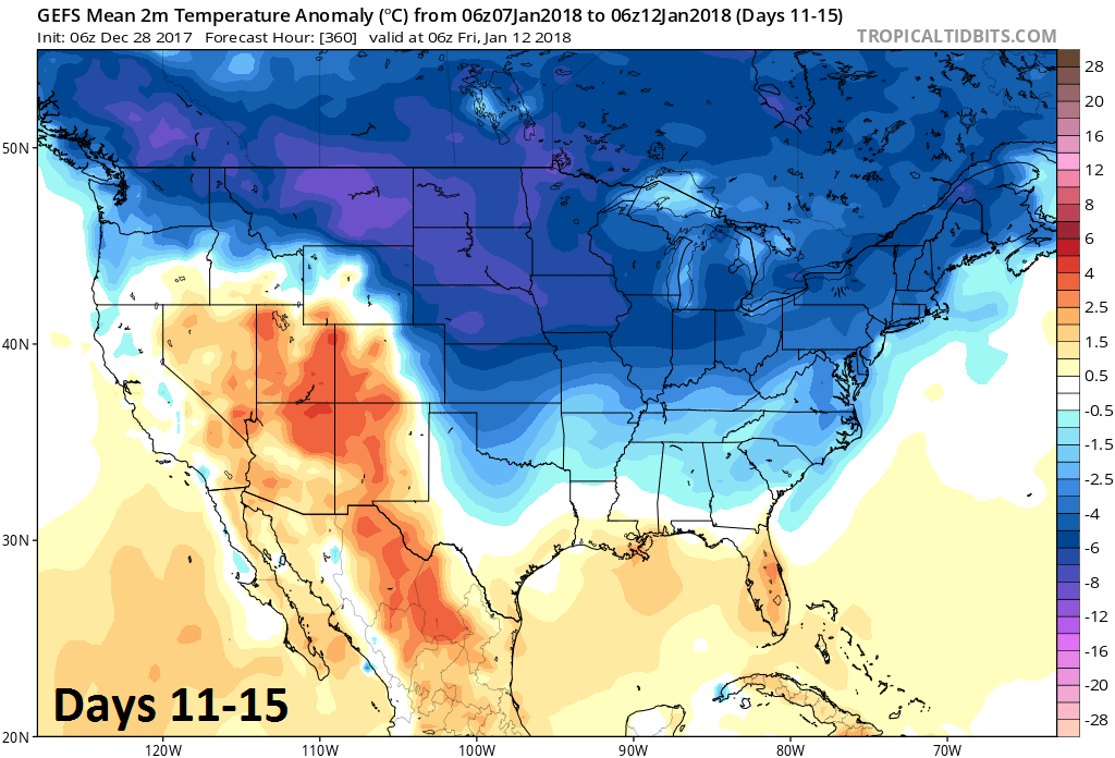 2-meter temperature anomalies averaged over 5-day period (days 11-15); courtesy NOAA/EMC, tropicaltidbits.com