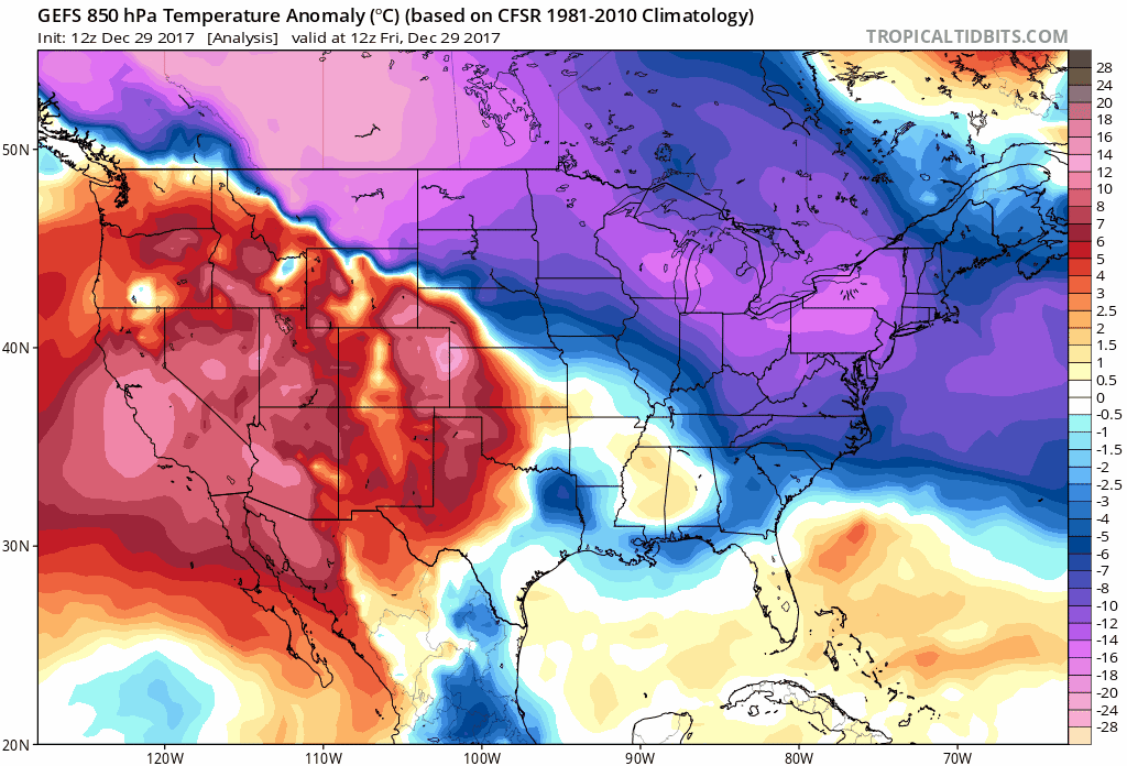12Z GFS Ensemble forecast of 850 mb temperature anomalies over the next ten days (in 6-hour increments) featuring relentless Arctic cold across the eastern two-thirds of the nation; maps courtesy NOAA/EMC, tropicaltidbits.com