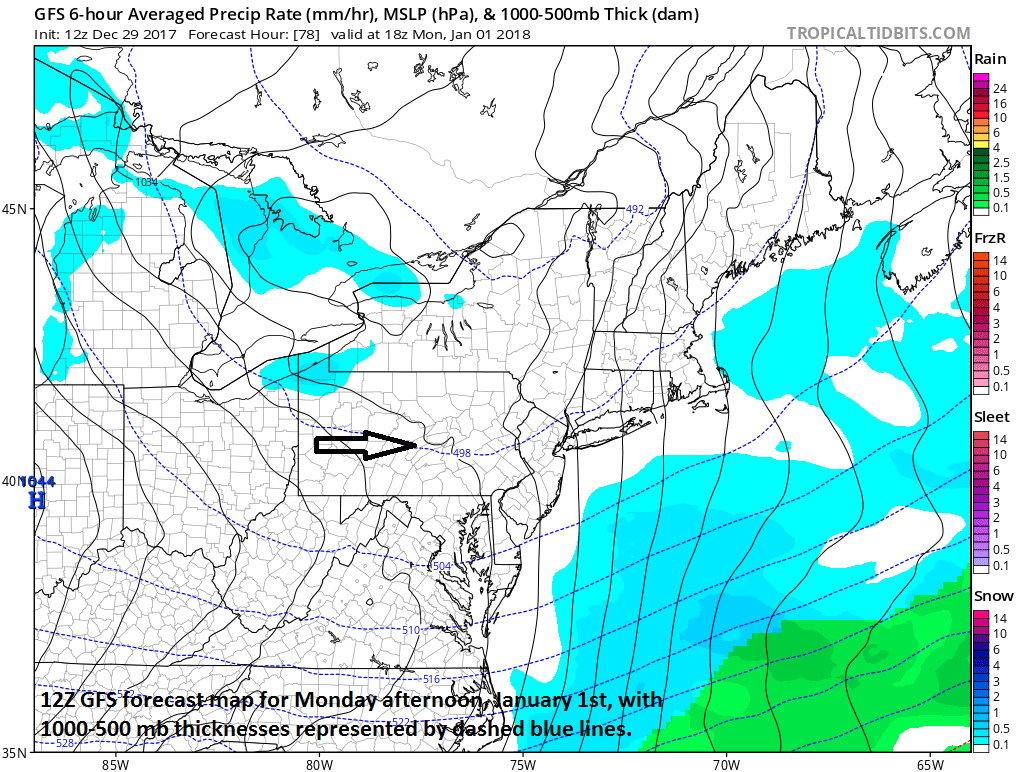 12Z GFS forecast map for Monday afternoon, January 1st, with "498 thickness" indicated by arrow; map courtesy NOAA/EMC, tropicaltidbits.com