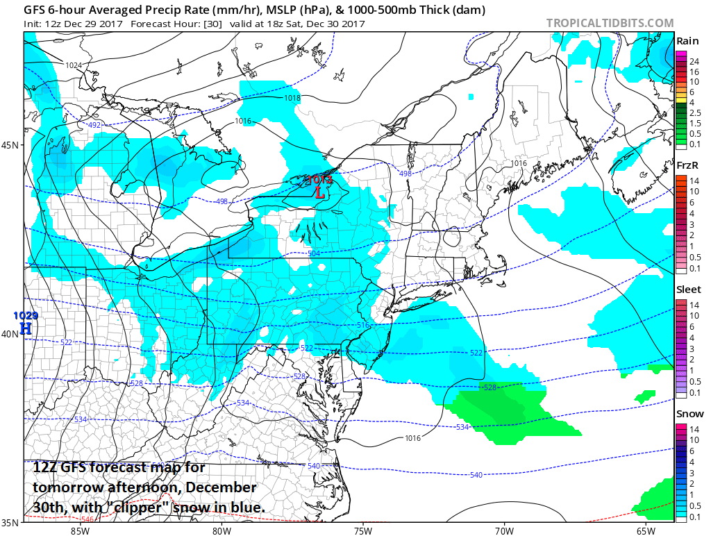 12Z GFS forecast map for tomorrow afternoon, December 30th, with "clipper" indicated by blue; map courtesy NOAA/EMC, tropicaltidbits.com