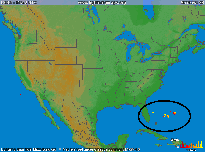 Current lightning strikes to the east of Florida in area where low pressure is now forming; map courtesy lightningmaps.org