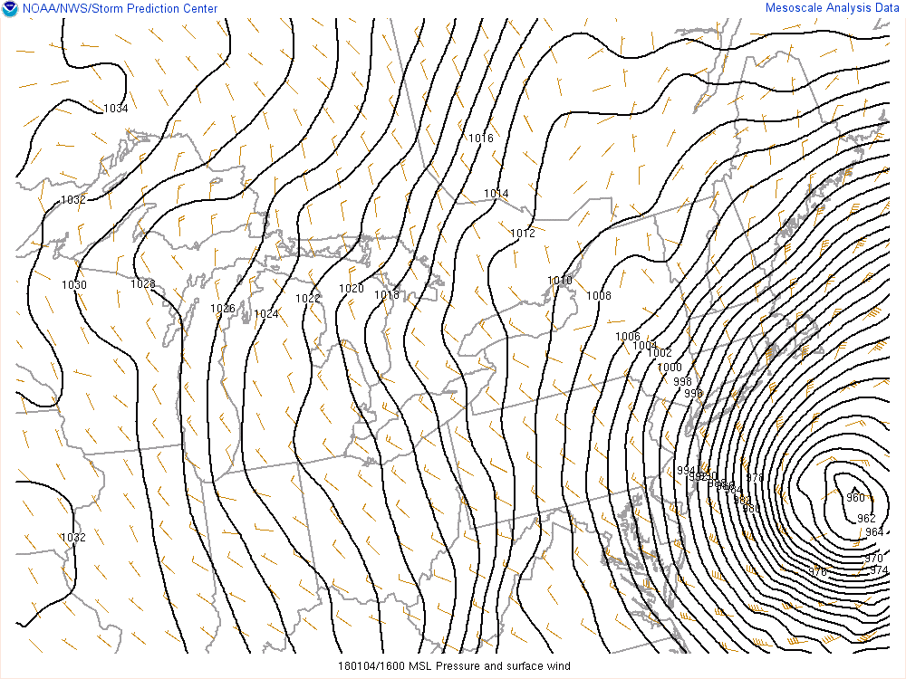Mid-day look at the barometric pressure field associated with the powerful western Atlantic storm.