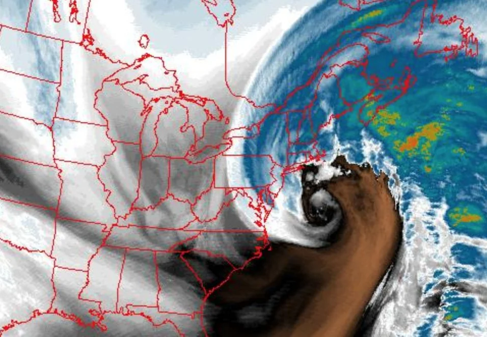 Mid-day colorized water vapor imagery look at the powerful western Atlantic storm.