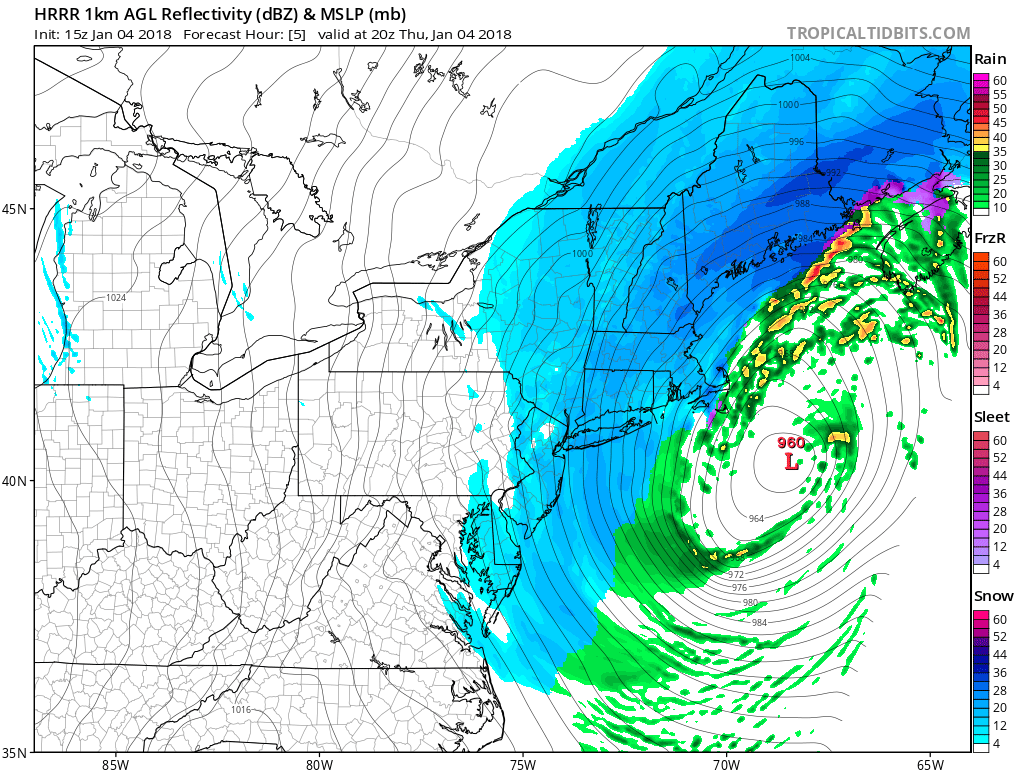 3 PM forecast map from high-resolution model (HRRR) with snow winding down in DC-to-Philly corridor.