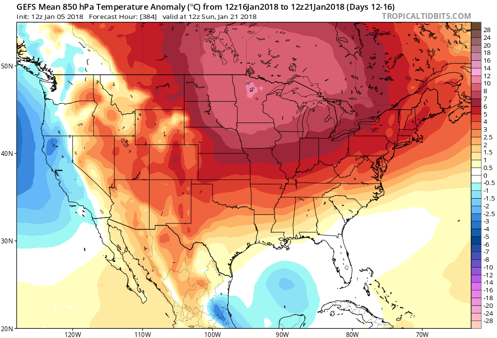 Long-range forecast map of 850 mb temperature anomalies by the 12Z GEFS averaged over the 5-day period of January 16-January 21 (i.e., days 12-16); courtesy NOAA/EMC, tropicaltidbits.com