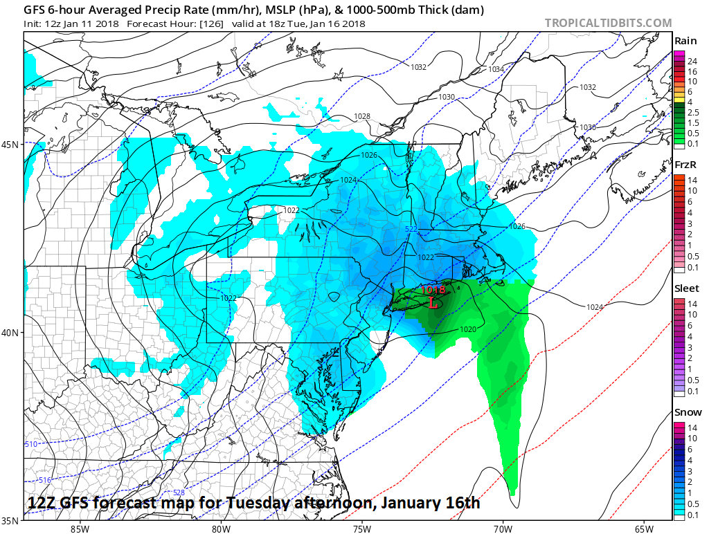 12Z GFS forecast map for Tuesday afternoon, January 16th with snow in blue; map courtesy NOAA/EMC, tropicaltidbits.com