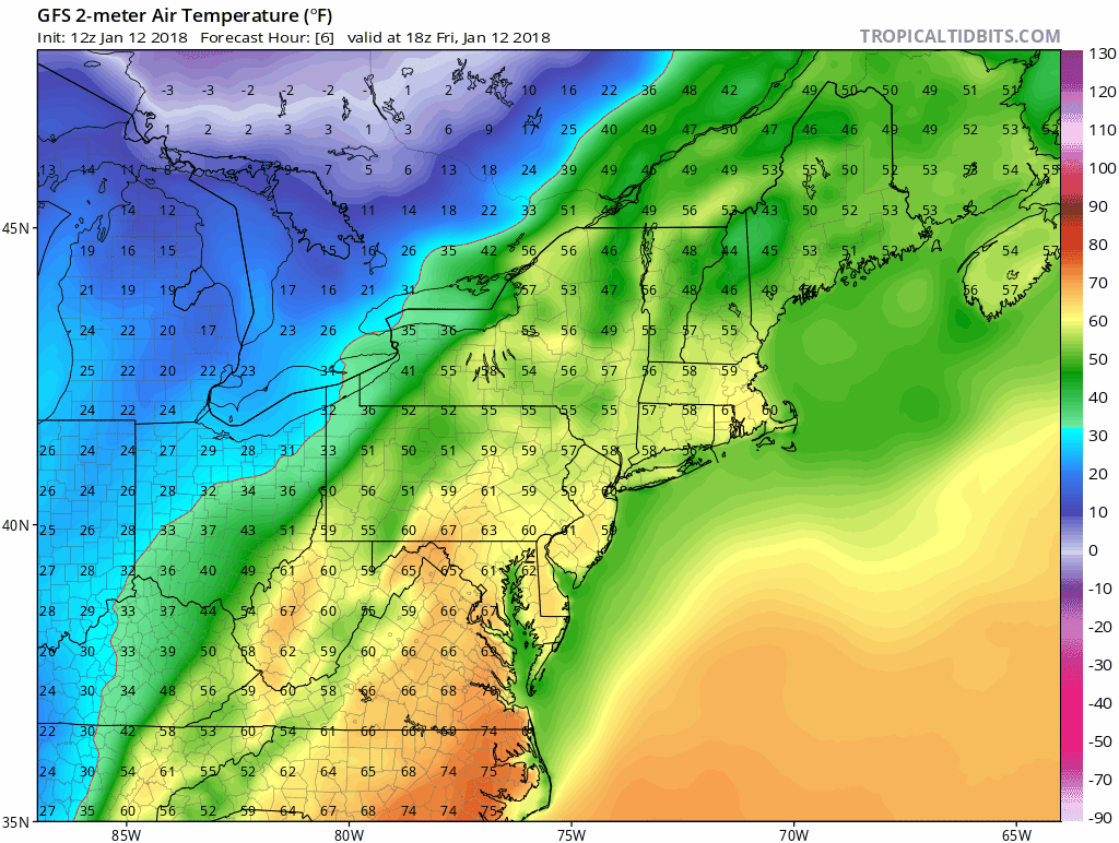12Z GFS forecast of surface air temperatures between this afternoon and early Sunday (6-hour increments); maps courtesy NOAA/EMC, tropicatidbits.com