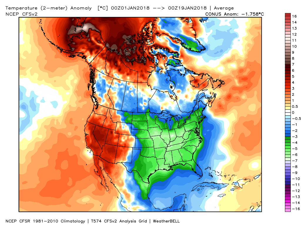 Temperature anomalies for the month of January so far with well below-normal conditions in the central and eastern US; map courtesy Weather Bell Analytics