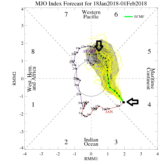 Euro model forecast of the MJO index between now and February 1st, 2018; map courtesy NOAA
