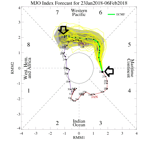 00Z Euro model forecast of the MJO index from today (indicated by lower arrow) to February 6th (indicated by upper arrow). The MJO index forecast is displayed here on a "day-to-day" basis progressing in a counter-clockwise fashion on the green line. Map provided by NOAA.