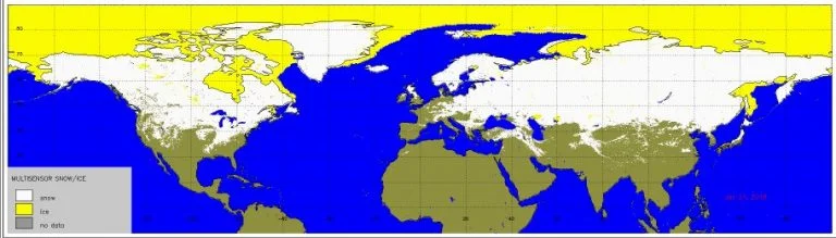 Snow cover (shown in white) is currently quite extensive across the Northern Hemisphere.