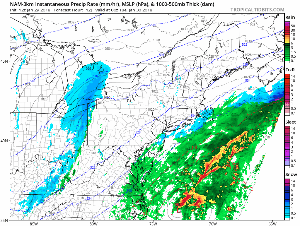 High-resolution NAM (3-km) forecast maps from Monday evening to Tuesday evening brief, but heavier burst of snow for DC, Philly metro regions; maps courtesy NOAA/EMC, tropicaltidbits.com