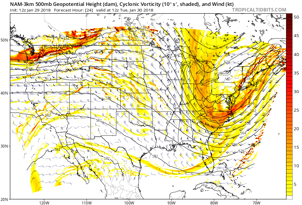 Upper-level (500 mb) forecast map by the 12Z NAM (3-km) for early Tuesday with vigorous energy over the Mid-Atlantic region; map courtesy NOAA/EMC, tropicaltidbits.com