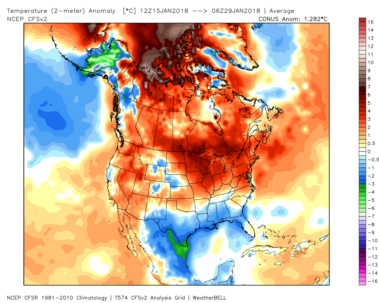Our current stretch of warmer-than-normal weather in the Mid-Atlantic region is coming to an end this week (map shows 2-meter temperature anomalies for the last 14 days); map courtesy Weather Bell Analytics 