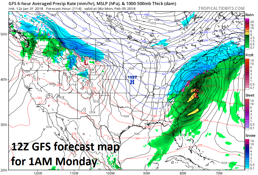 An important event is likely to take place in the Mid-Atlantic region from Sunday into Monday. This forecast map is for 1AM Monday and comes from the 12Z GFS model run. map courtesy NOAA/EMC, tropicaltidbits.com