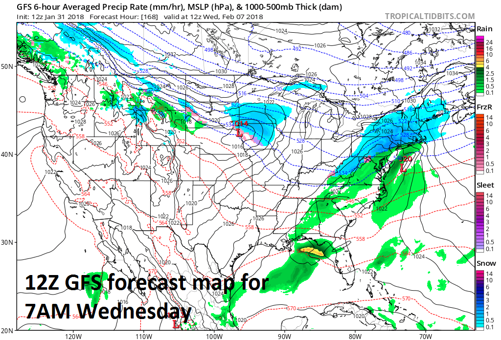 There is the potential for another event by the middle of next week in this unfolding active pattern. map courtesy NOAA/EMC, tropicaltidbits.com